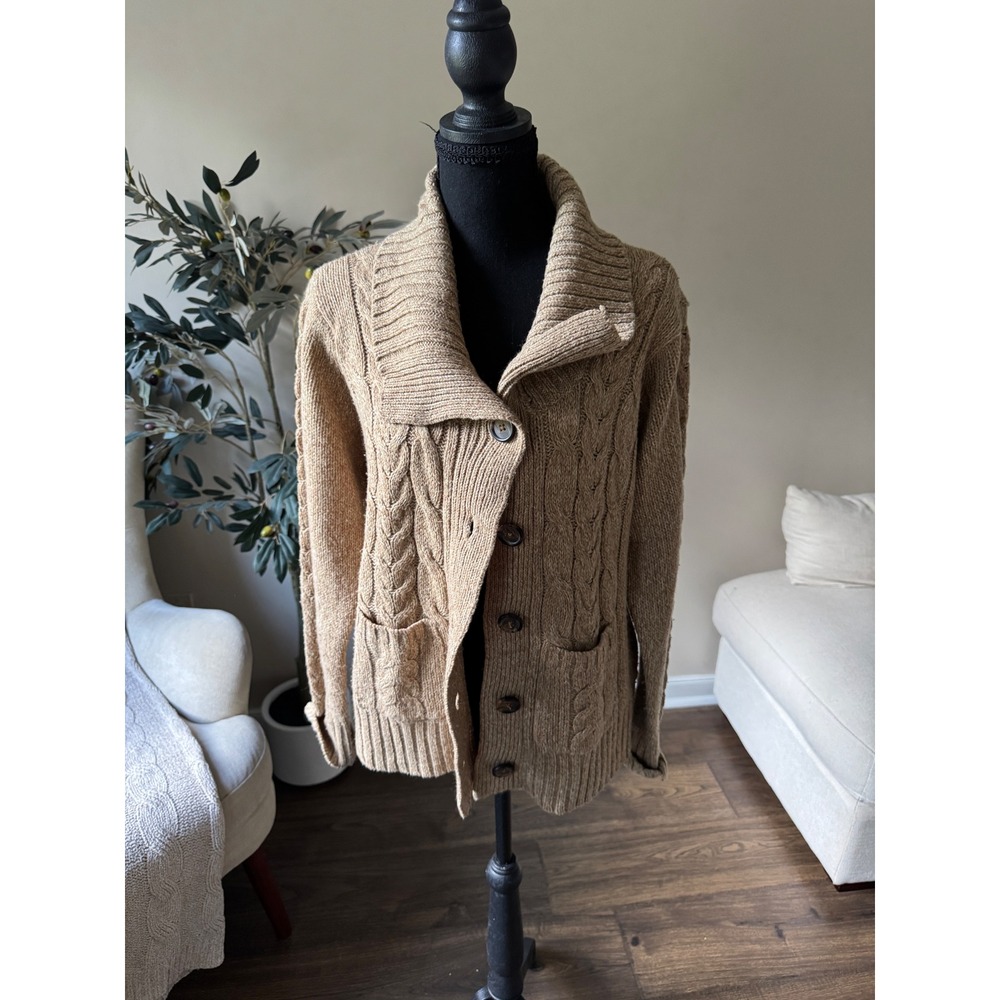 St Johns Bay Womens XL Tan Cable Knit Shawl Collar Button Front Cardigan Sweater